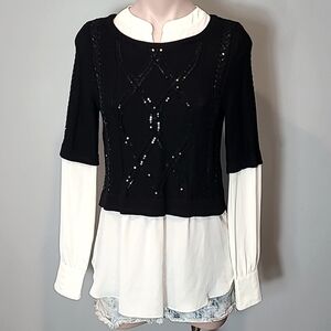 WHBM Layered Sweater Size Small Sequin Black White Dressy Academia Old Money‎